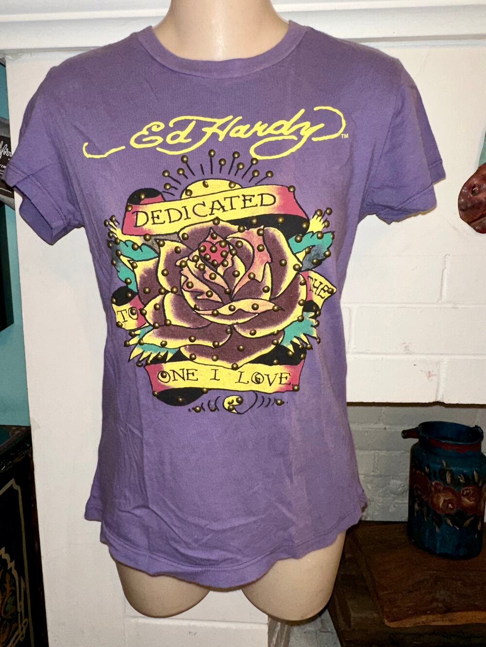 VINTAGE Y2K ED HARDY STUDDED PURPLE TEE S